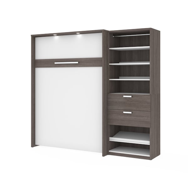 Cielo Full Murphy Bed and Shelving Unit with Drawers (89W), Bark Grey & White